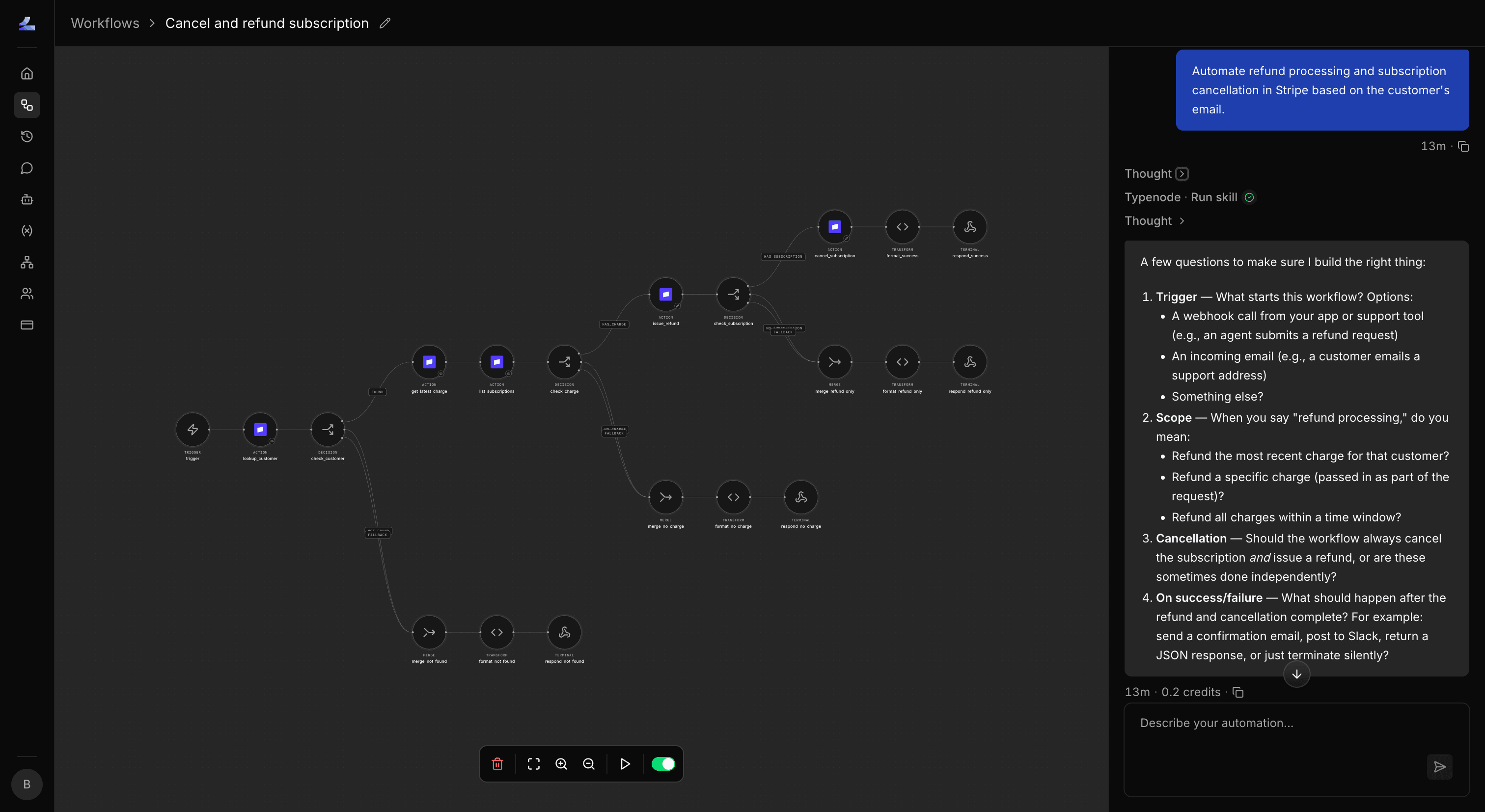 AI assistant asking clarifying questions about a refund cancellation workflow